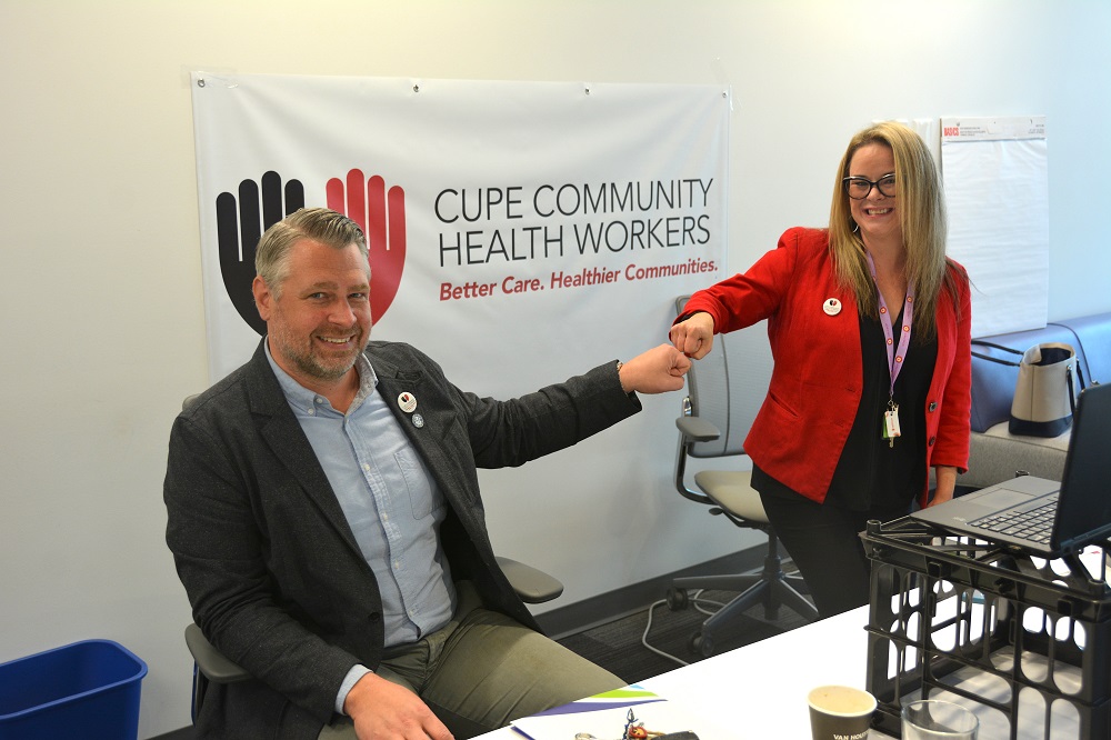 STANDING UP FOR PUBLIC HEALTH—CUPE’s Health Care Presidents Council chair Andrew Ledger and Health Coordinator Tanya Paterson prepare for the online bargaining conference.